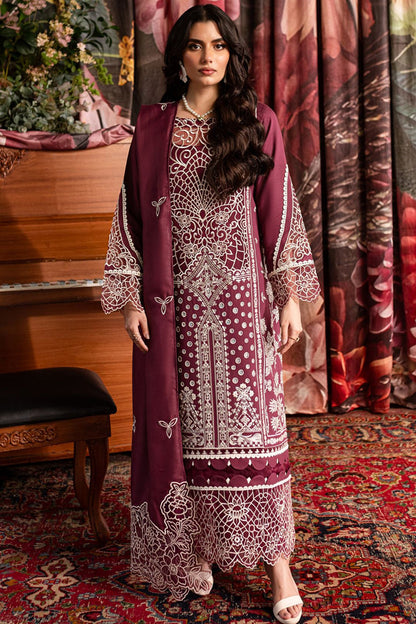 QALAMQAR-3PC CHIKANKAARI LAWN CUTWORK EMBROIDERED SHIRT WITH MONARK EMBROIDERED CUTWORK DUPATTA AND TROUSER-BIC-3642