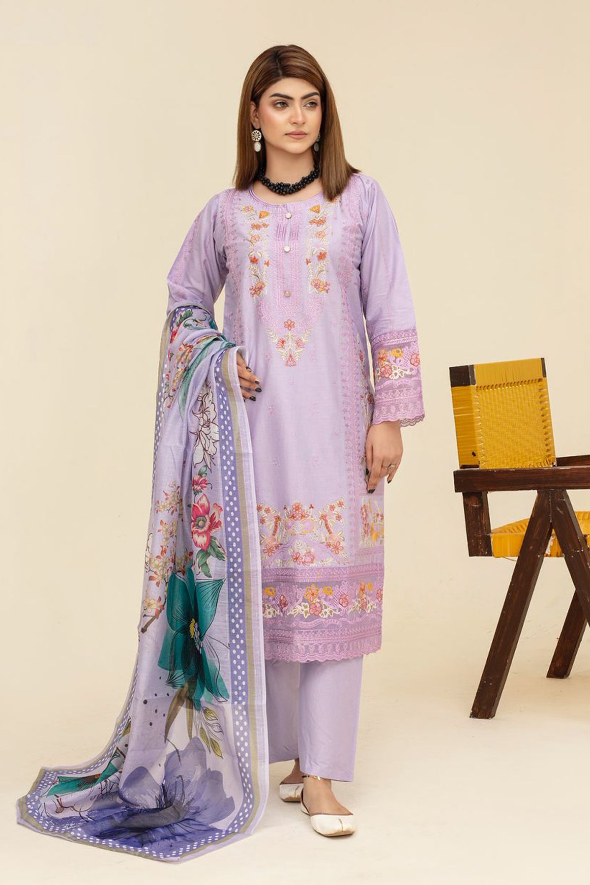 BRANDS INN-WINTER COTTON 3PC EMBROIDERED SHIRT WITH DORIA PRINTED SHAWL-BIC-2010