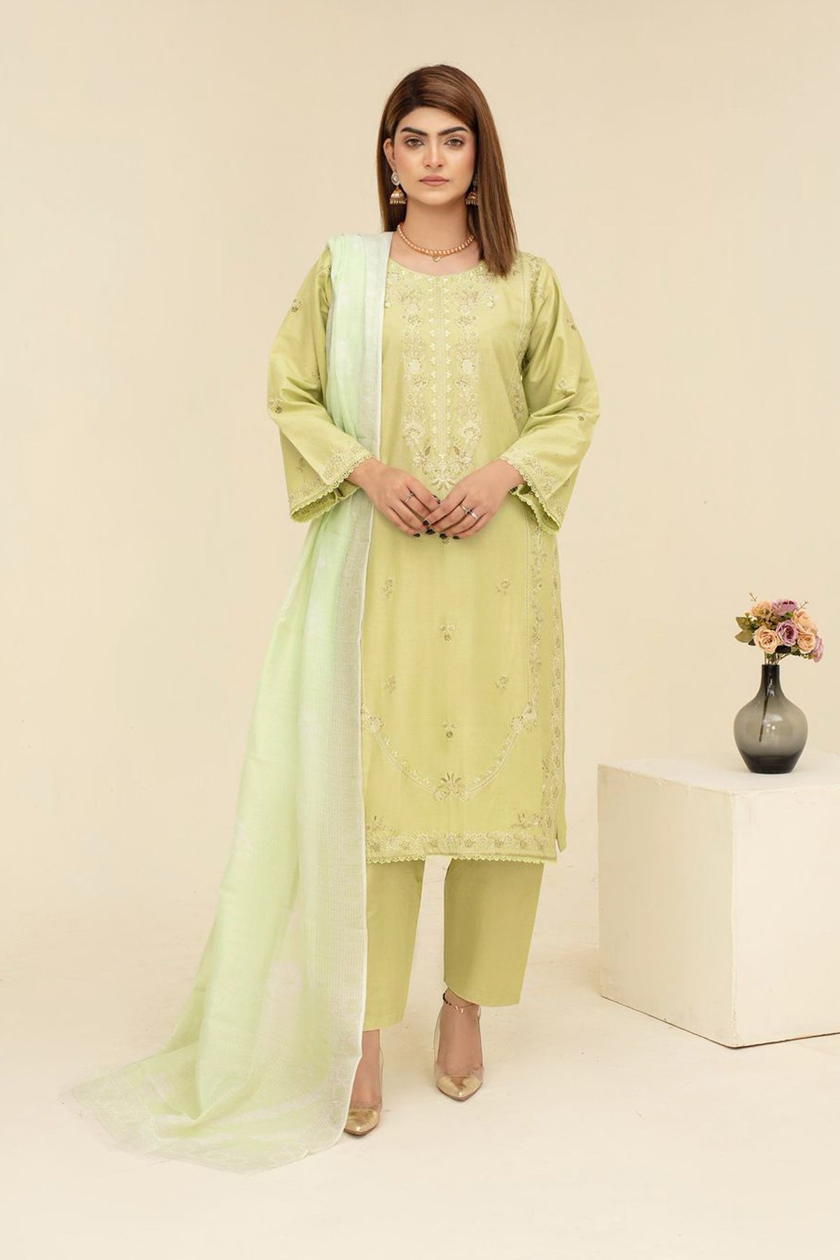 BRANDS INN-WINTER COTTON 3PC EMBROIDERED SHIRT WITH DORIA PRINTED SHAWL-BIC-2012