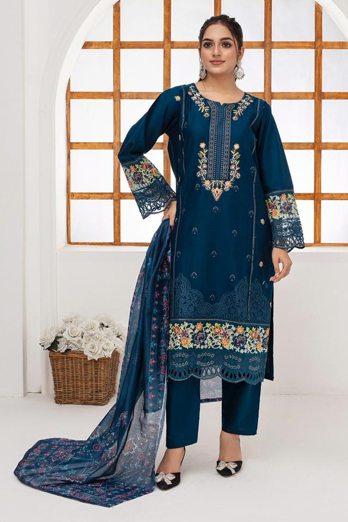 BRANDS INN -WINTER COTTON 3PC EMBROIDERED SHIRT WITH DORIA PRINTED SHAWL-BIC-2007