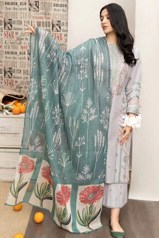URGE-3PC DHANAK EMBROIDERED SHIRT WITH WOOL PRINTED SHAWL & EMB TROUSER-BIC-4007