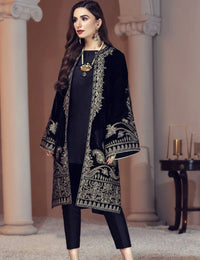 BAROUQUE-2PC VELVET EMBROIDERED SHIRT WITH VELVET EMBROIDERED SLEEVES AND SILK TROUSER -BIC-D-11