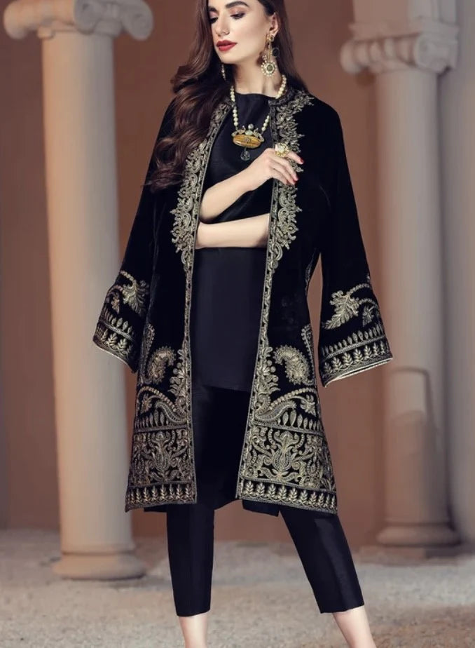 BAROUQUE-2PC VELVET EMBROIDERED SHIRT WITH VELVET EMBROIDERED SLEEVES AND SILK TROUSER -BIC-D-11
