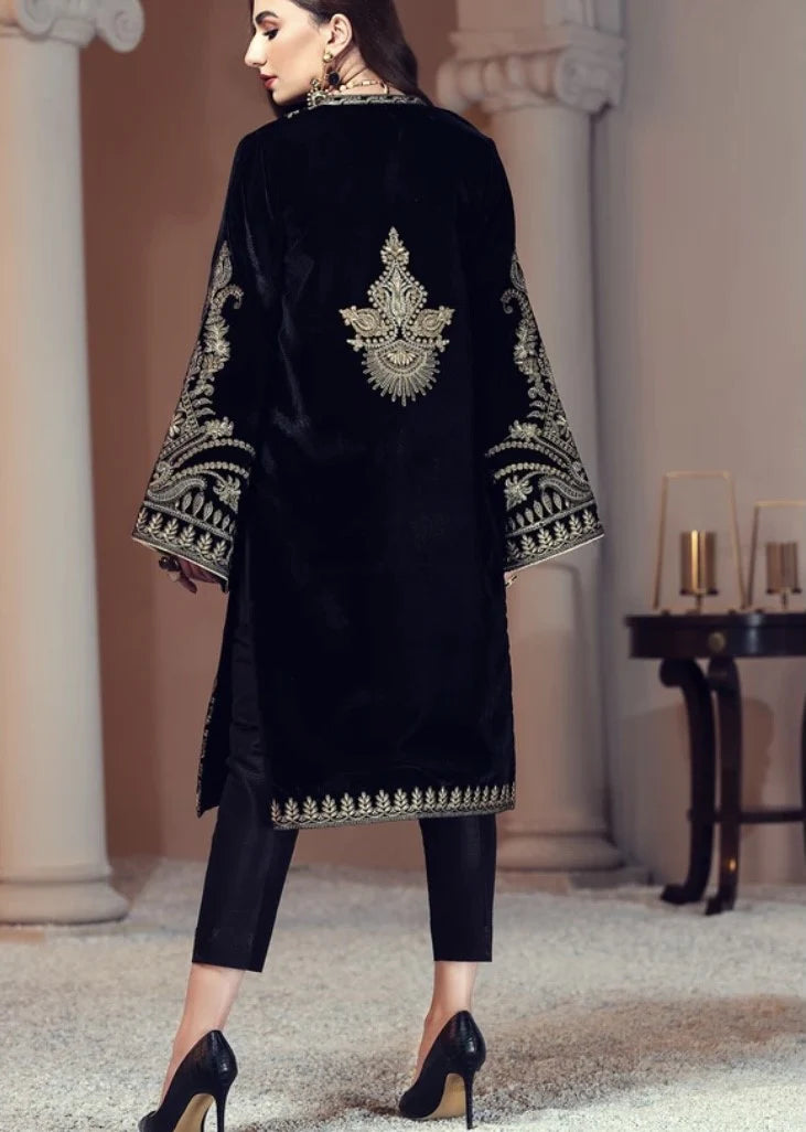 BAROUQUE-2PC VELVET EMBROIDERED SHIRT WITH VELVET EMBROIDERED SLEEVES AND SILK TROUSER -BIC-D-11