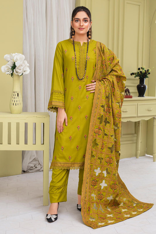 BRANDSINN-3PC DHANAK EMBROIDERED SHIRT WITH DHANAK CUTWORK EMBROIDERED SHAWL AND TROUSER-BIC -1505