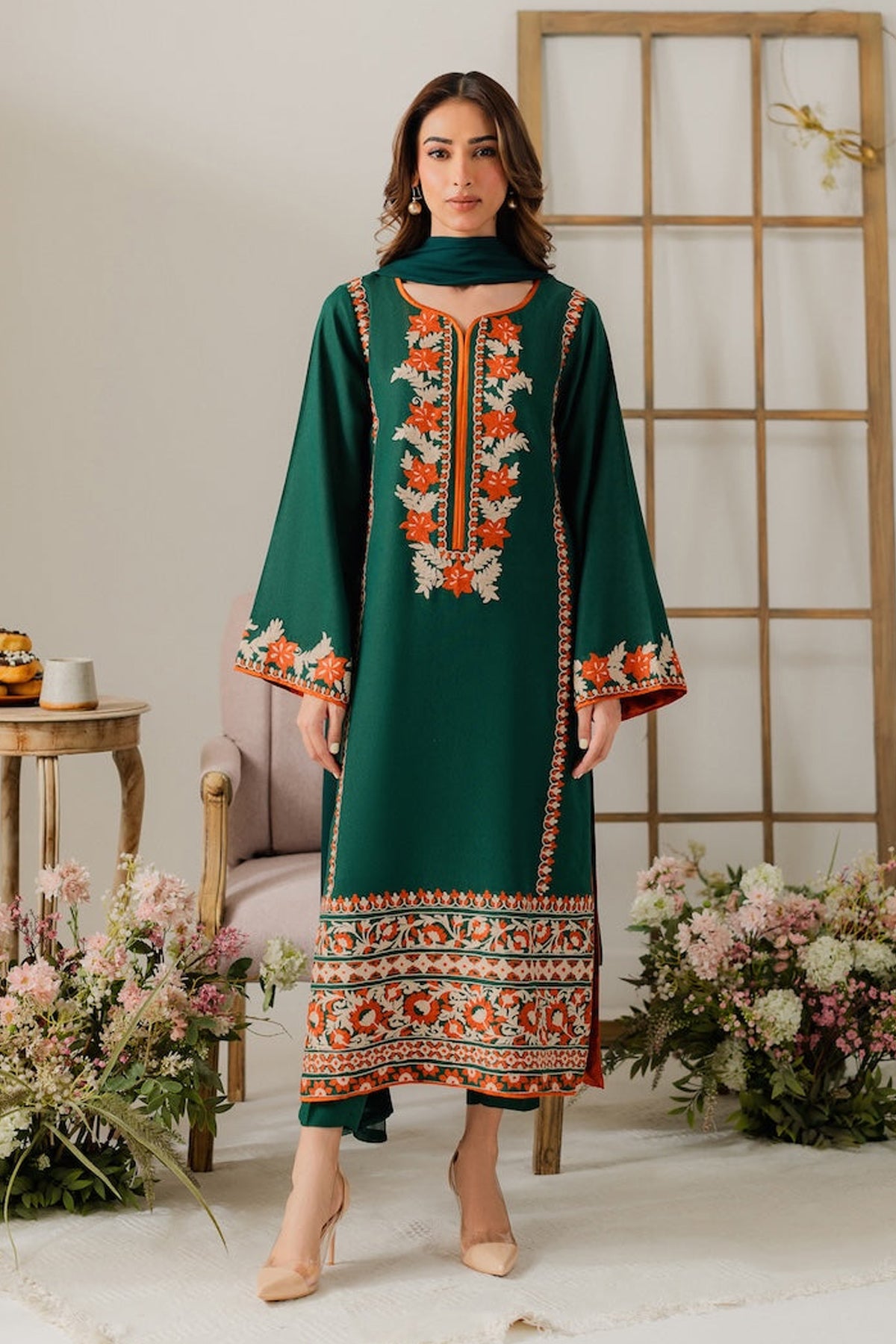 VINTAGE-3PC DHANAK EMBROIDERED SHIRT WITH BAMBER CHIFFON DUPATTA & TROUSER-BIC-4248