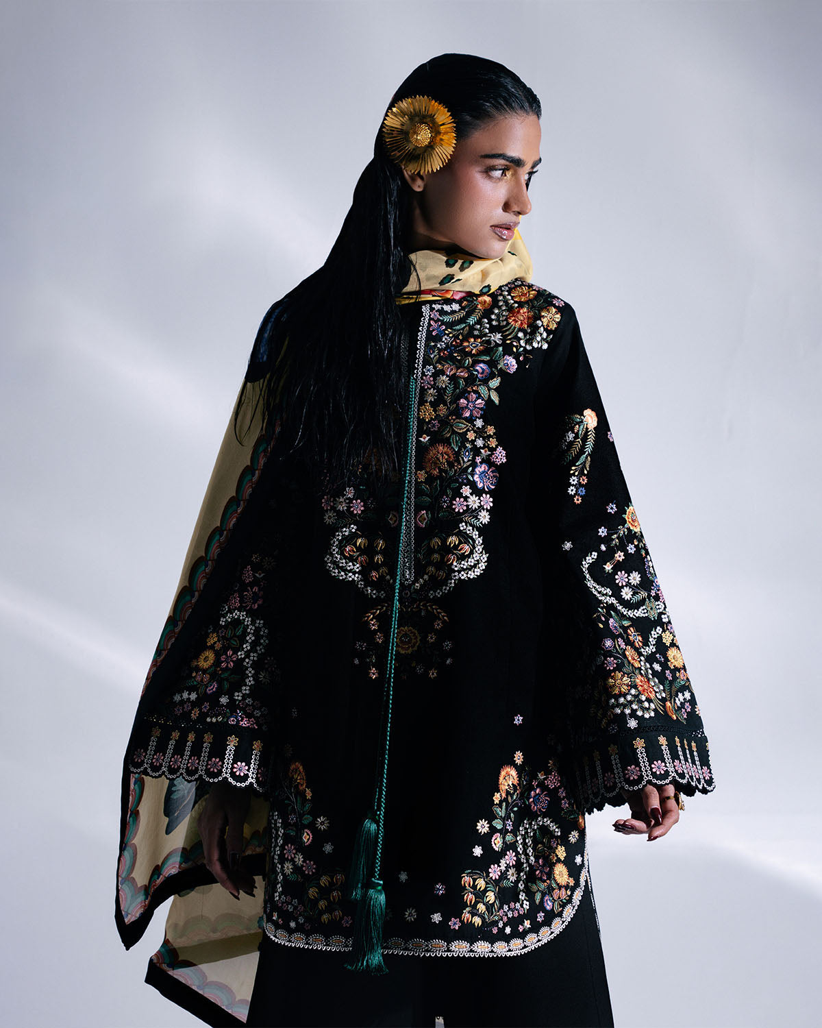 HUSSAIN REHAR-3PC DHANAK EMBROIDERED SHIRT WITH COUTRAI PRINTED SHAWL AND TROUSER-BIC-5237