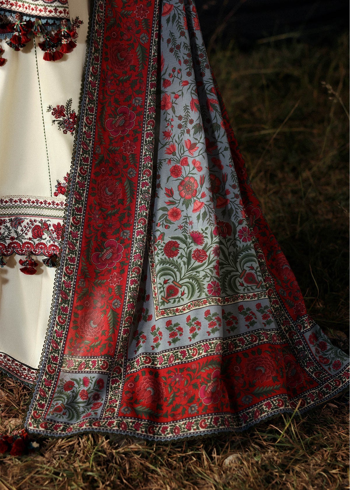 HUSSAIN REHAR-3PC DHANAK EMBROIDERED SHIRT WITH WOOL PRINTED SHAWL AND EMB TROUSER -BIC-5186
