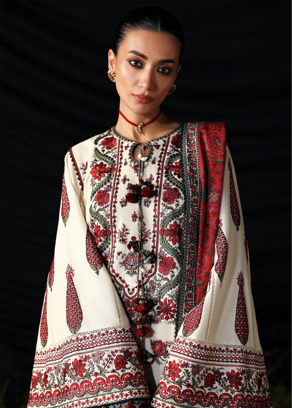 HUSSAIN REHAR-3PC DHANAK EMBROIDERED SHIRT WITH WOOL PRINTED SHAWL AND EMB TROUSER -BIC-5186