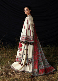 HUSSAIN REHAR-3PC DHANAK EMBROIDERED SHIRT WITH WOOL PRINTED SHAWL AND EMB TROUSER -BIC-5186