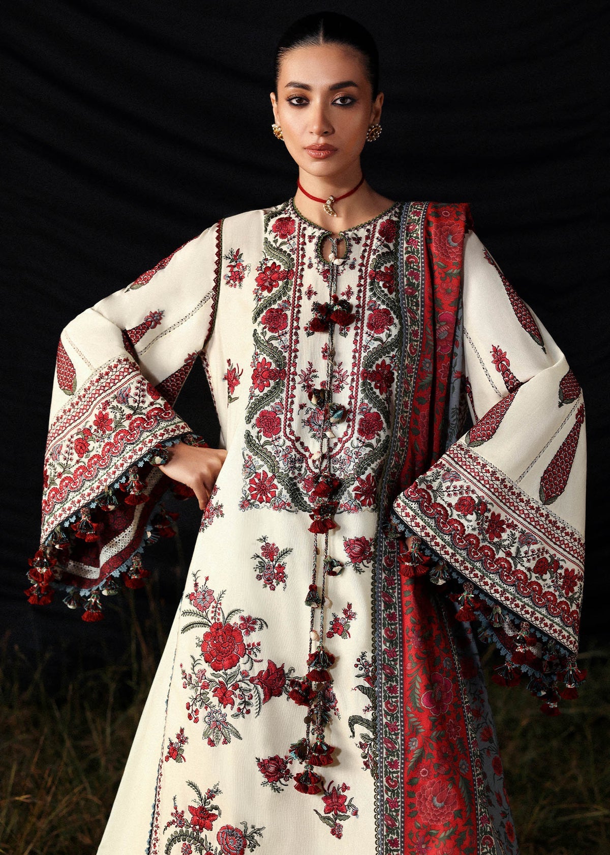 HUSSAIN REHAR-3PC DHANAK EMBROIDERED SHIRT WITH WOOL PRINTED SHAWL AND EMB TROUSER -BIC-5186