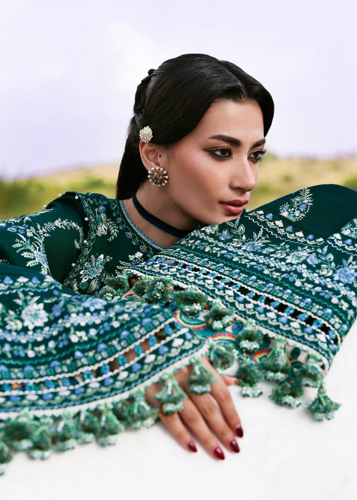 HUSSAIN REHAR-3PC KARANDI EMBROIDERED SHIRT WITH KARANDI EMBROIDERED SHAWL AND TROUSER-BIC-5249