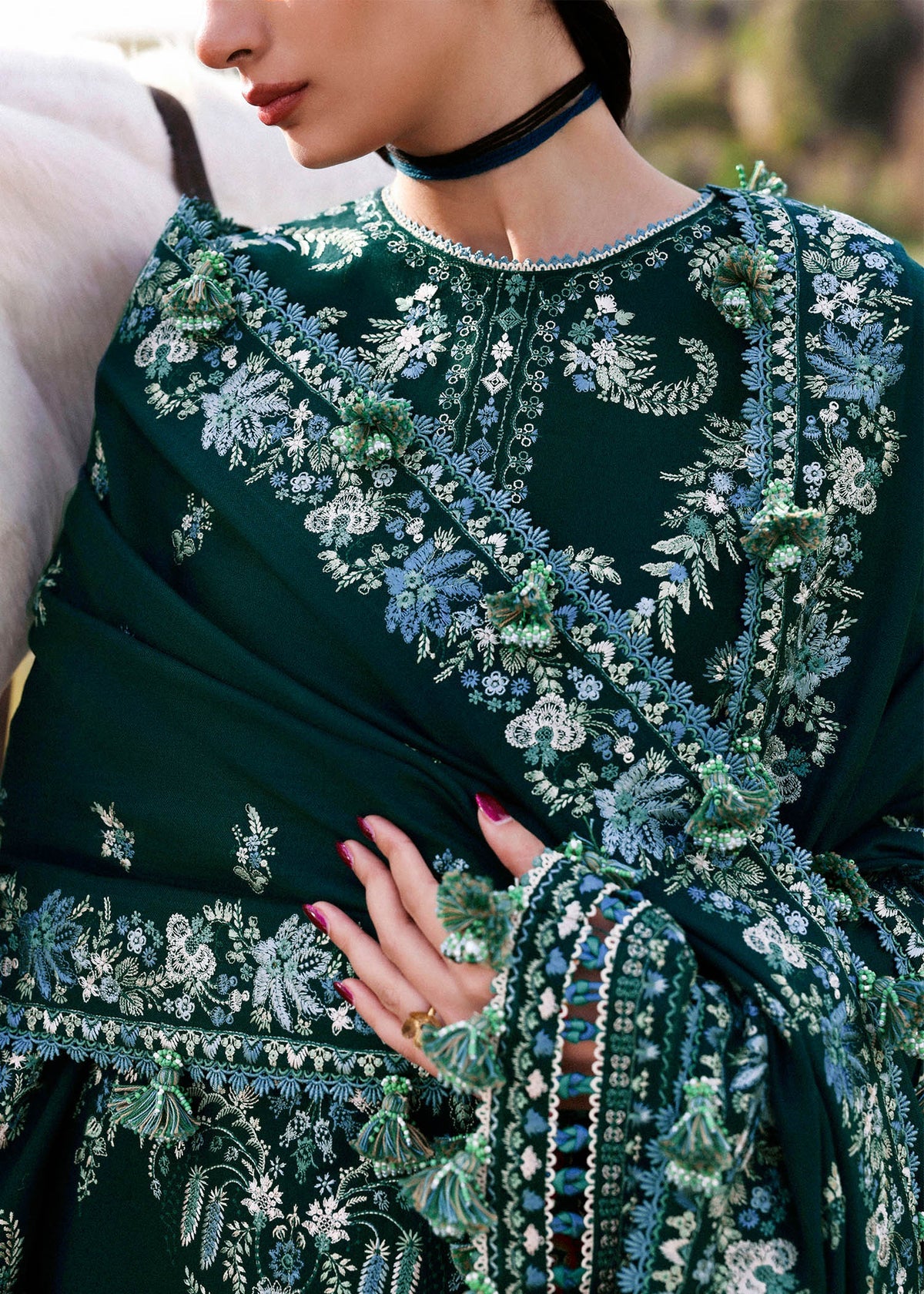 HUSSAIN REHAR-3PC KARANDI EMBROIDERED SHIRT WITH KARANDI EMBROIDERED SHAWL AND TROUSER-BIC-5249