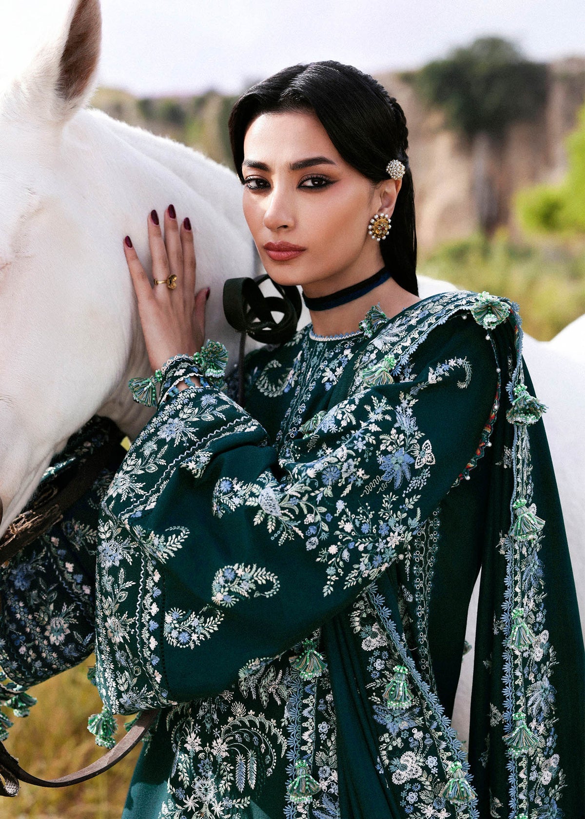 HUSSAIN REHAR-3PC KARANDI EMBROIDERED SHIRT WITH KARANDI EMBROIDERED SHAWL AND TROUSER-BIC-5249