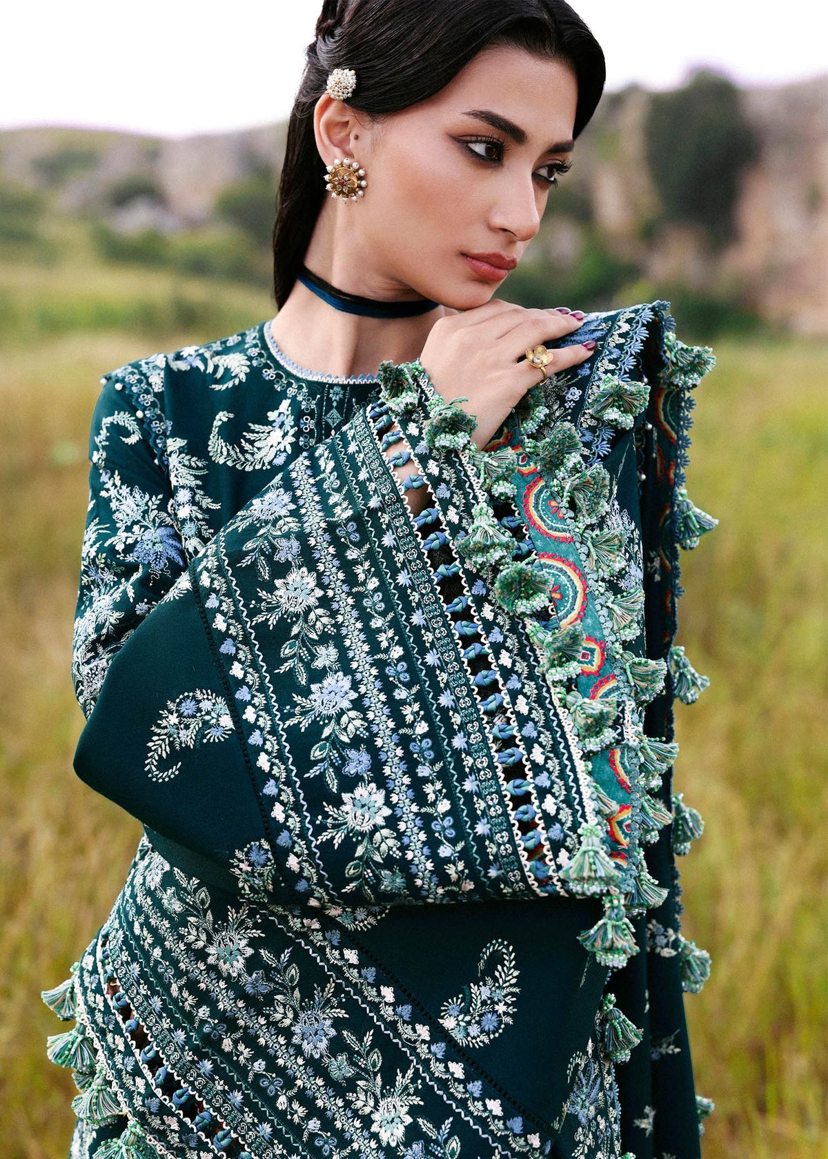 HUSSAIN REHAR-3PC KARANDI EMBROIDERED SHIRT WITH KARANDI EMBROIDERED SHAWL AND TROUSER-BIC-5249