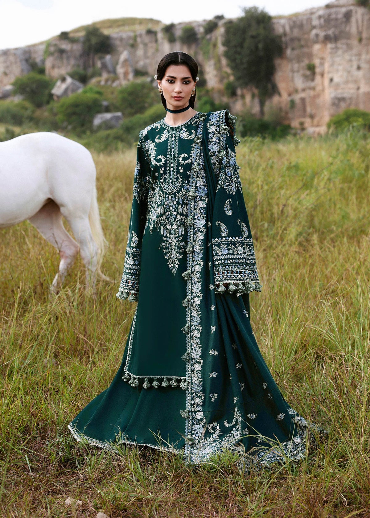 HUSSAIN REHAR-3PC KARANDI EMBROIDERED SHIRT WITH KARANDI EMBROIDERED SHAWL AND TROUSER-BIC-5249