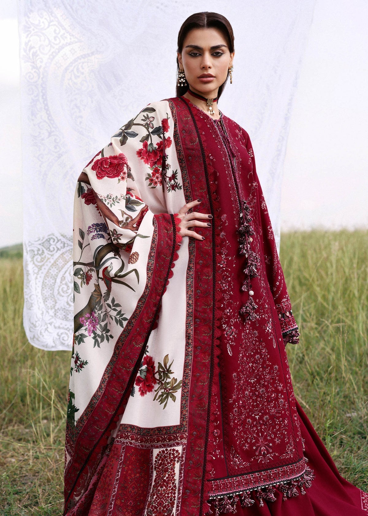 HUSSAIN REHAR-3PC KARANDI EMBROIDERED SHIRT WITH WOOL PRINTED SHAWL AND TROUSER-BIC-5215