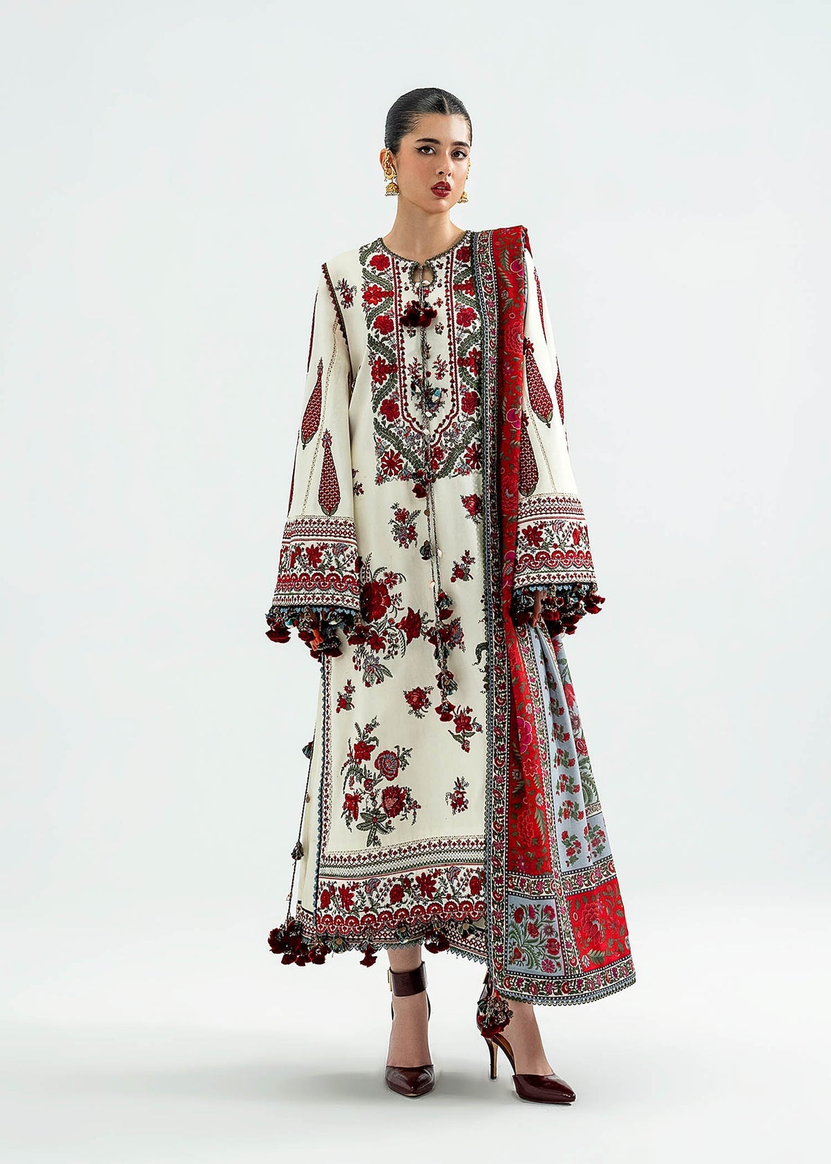 HUSSAIN REHAR-3PC DHANAK EMBROIDERED SHIRT WITH WOOL PRINTED SHAWL AND EMB TROUSER -BIC-5186