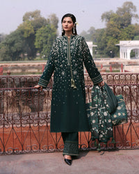 HUSSAIN REHAR-3PC DHANAK EMBROIDERED SHIRT WITH COUTRAI PRINTED SHAWL AND EMB TROUSER-BIC-5273