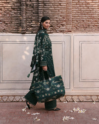 HUSSAIN REHAR-3PC DHANAK EMBROIDERED SHIRT WITH COUTRAI PRINTED SHAWL AND EMB TROUSER-BIC-5273