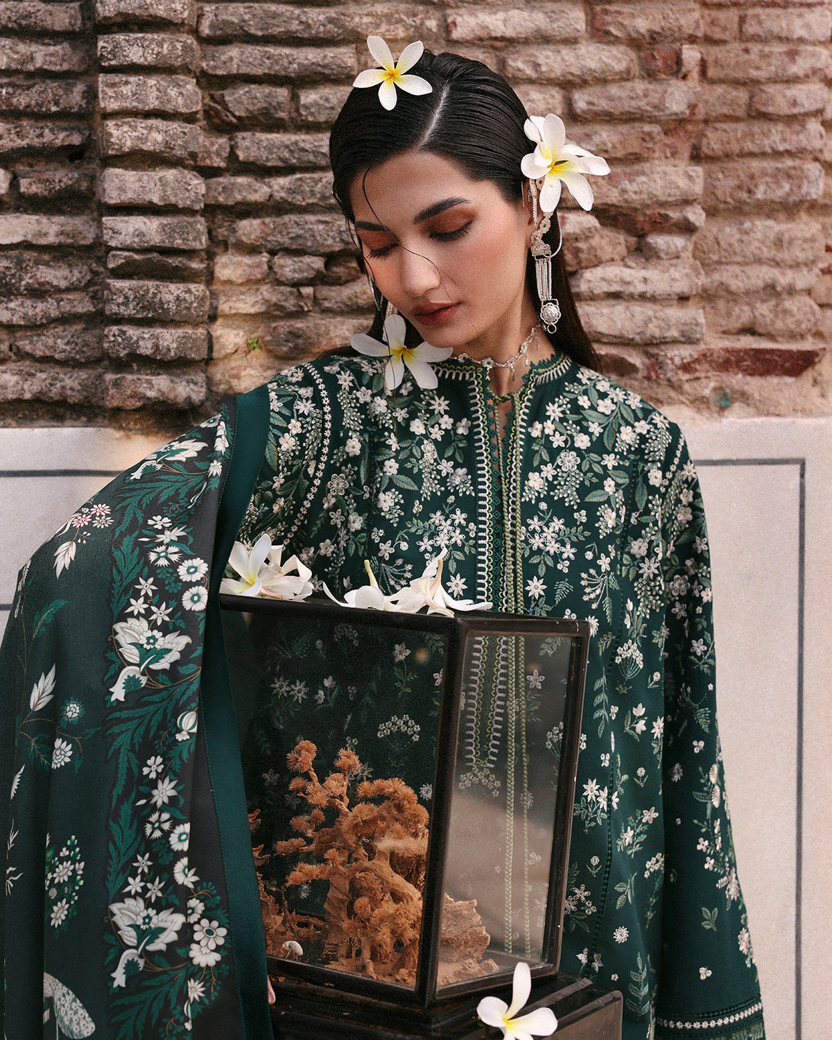 HUSSAIN REHAR-3PC DHANAK EMBROIDERED SHIRT WITH COUTRAI PRINTED SHAWL AND EMB TROUSER-BIC-5273