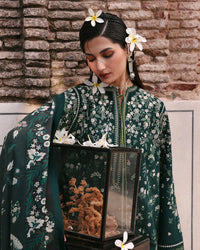 HUSSAIN REHAR-3PC DHANAK EMBROIDERED SHIRT WITH COUTRAI PRINTED SHAWL AND EMB TROUSER-BIC-5273