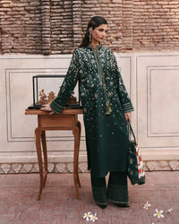HUSSAIN REHAR-3PC DHANAK EMBROIDERED SHIRT WITH COUTRAI PRINTED SHAWL AND EMB TROUSER-BIC-5273