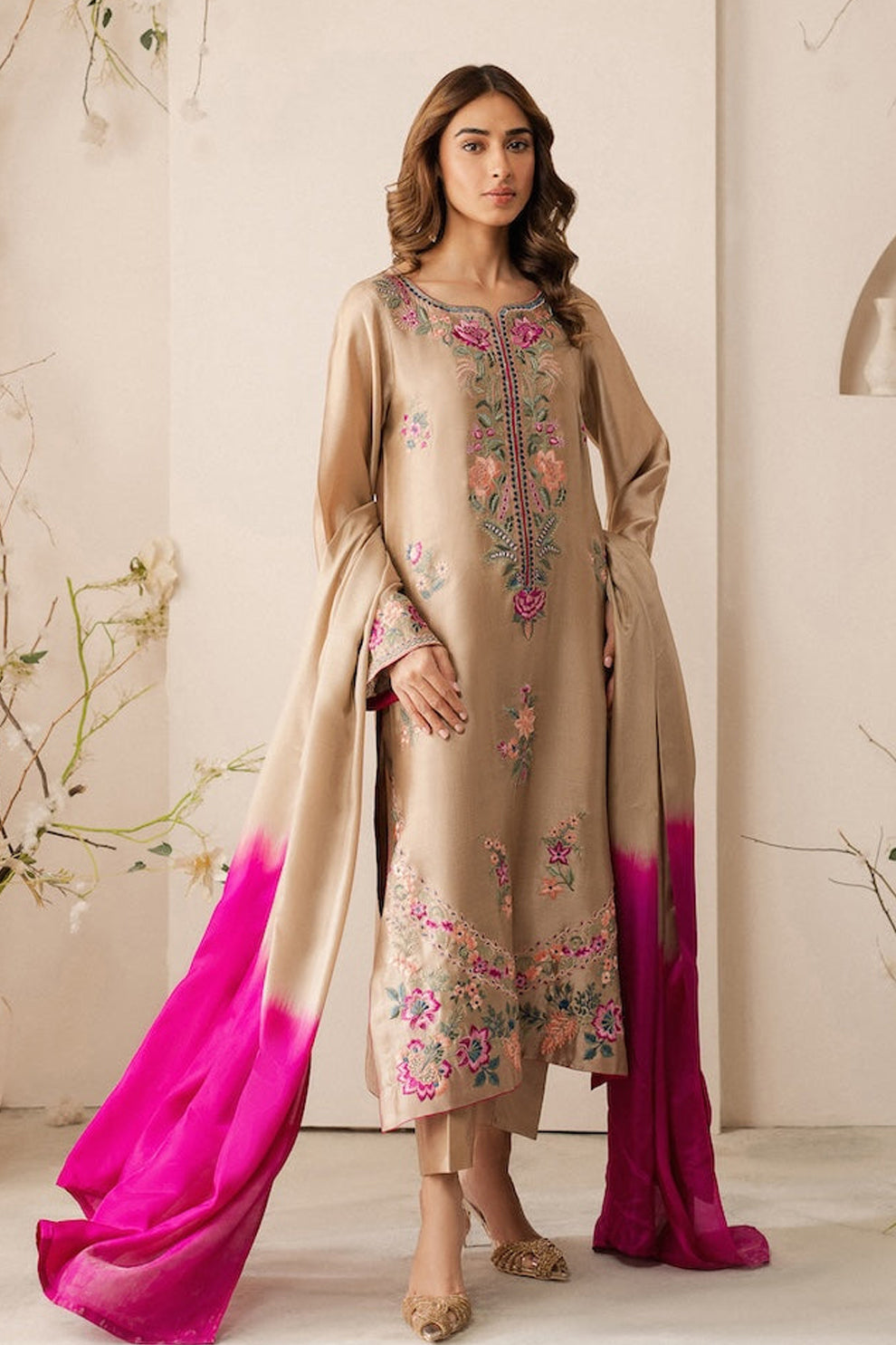 VINTAGE-3PC DHANAK EMBROIDERED SHIRT WITH TYE & DYE CHIFFON  DUPATTA AND TROUSER-BIC-4169