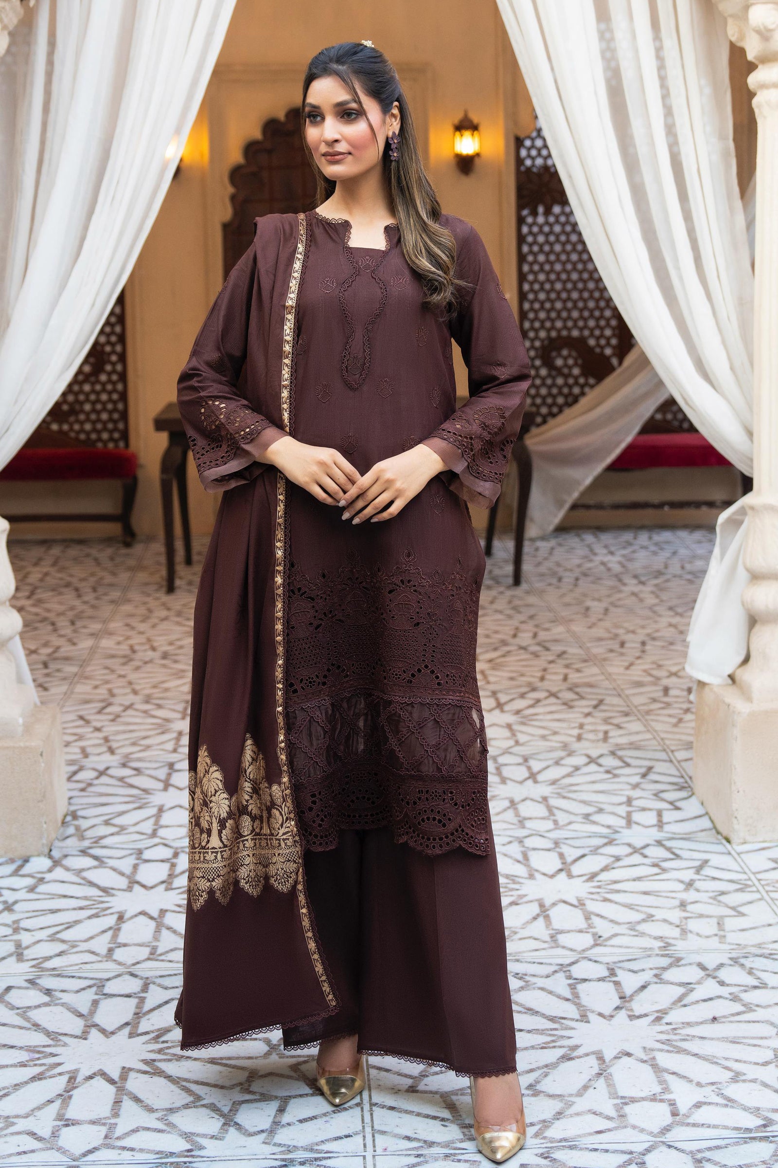 MIRAKHI-3PC LAWN CHIKENKARI EMBROIDERED SHIRT WITH LAWN JACQUARD PRINT DUPATTA -BIC-5500