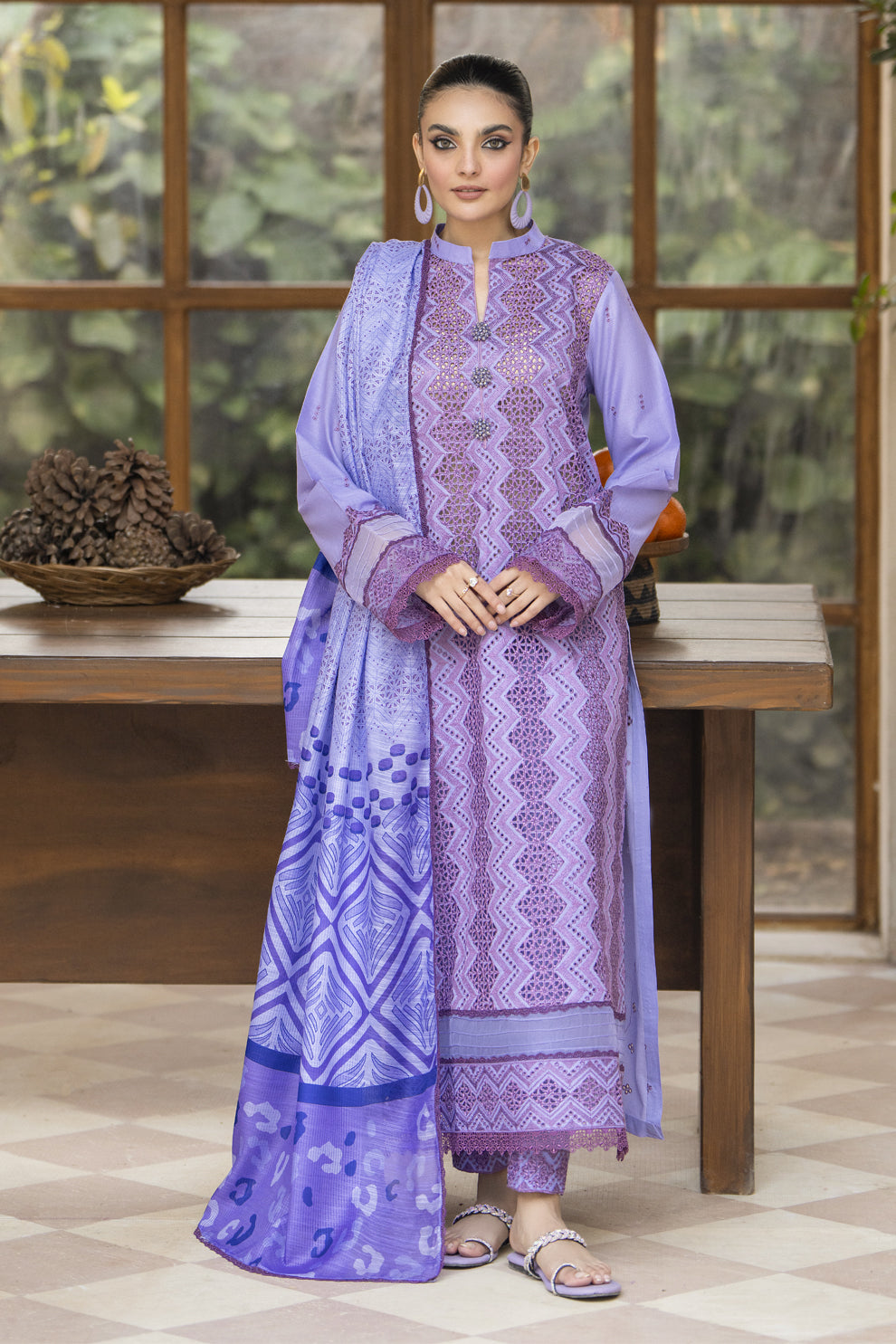 MIRAKHI-3PC LAWN LASERCUT EMBROIDERED SHIRT WITH MOARK PRINT DUPATTA-BIC-VOL-1- PLUM