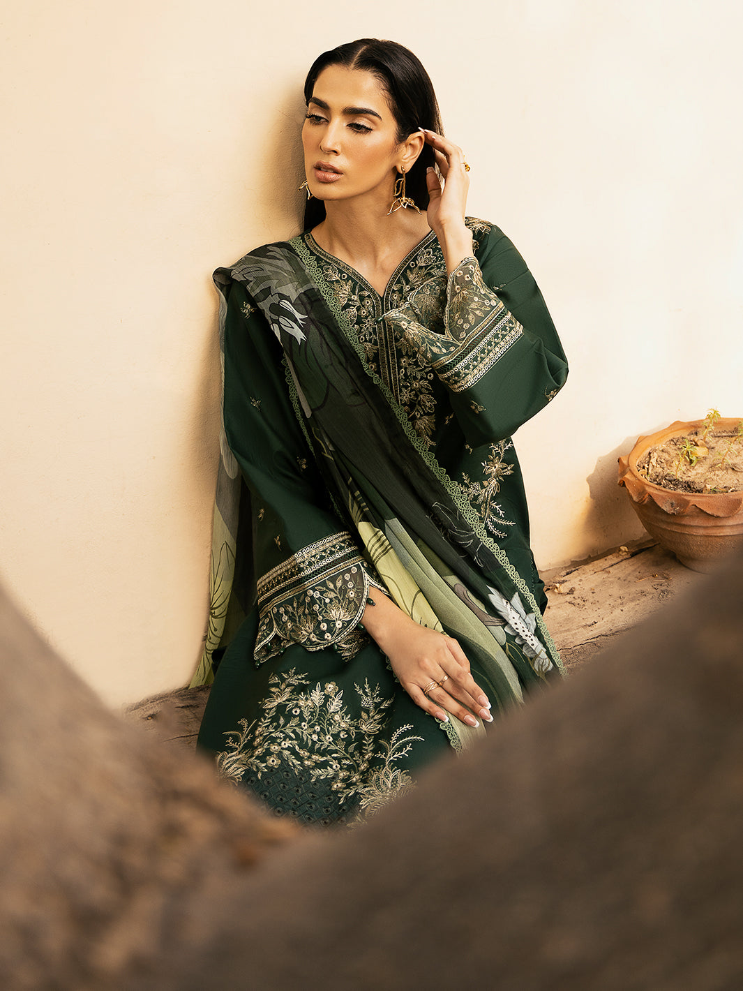 IZEL-3PC LAWN EMBROIDERED SHIRT WITH CHIFFOON PRINT DUPATTA AND EMB TROUSER-BIC-4628